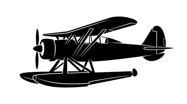 Black silhouette of a vintage biplane seaplane. Classic aviation design for retro travel, transportation themes, and historical flight illustrations.