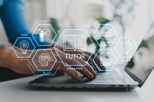 Online tutoring, tutor, e-learning platform on laptop with virtual icons. Student learning webinar, remote study and digital education courses, Distance knowledge training and smart school concept