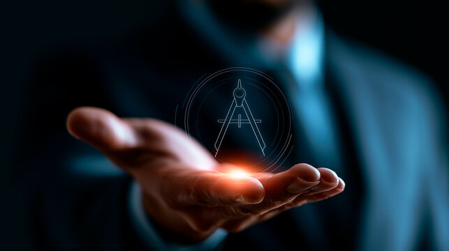 Businessman holding glowing digital drafting compass hologram over extended open hand for architecture planning