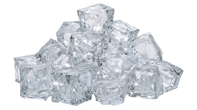 Pile of clear ice cubes with sharp edges and facets