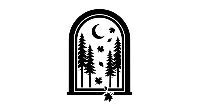 Minimalist autumn forest arch window vector silhouette set. Pine trees, crescent moon, and falling maple leaves in an ornate frame perfect for seasonal wall art, stickers, prints, and branding.
