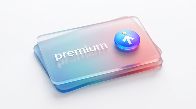 Frosted glass cards with "premium" text and an upward arrow icon, symbolizing quality and upgrade, set against a white background with gradient light.
