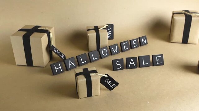 Seasonal Halloween sale promotion featuring the text made from black cubes surrounded by gift boxes wrapped in brown paper and black ribbons, ideal for advertising and marketing campaigns