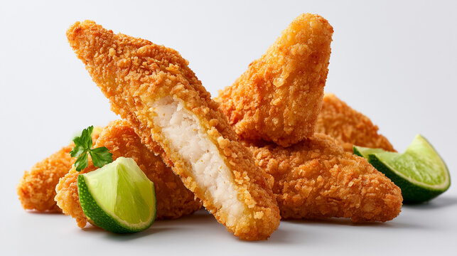 Crispy breaded fish sticks or chicken tenders with lime wedges and parsley, isolated on white background