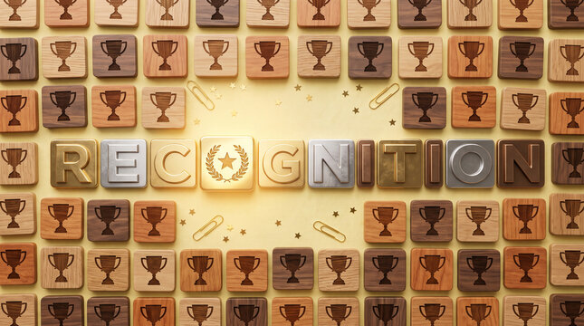 Rows of wooden blocks with trophy engravings frame the word RECOGNITION, symbolizing achievement and success, suitable for awards or business concepts.