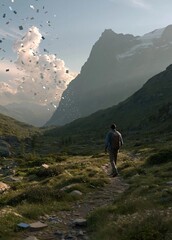 Obraz premium Man walking on a trail in a mountainous area. he is wearing a blue jacket and carrying a backpack.