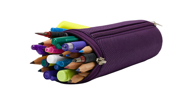 Purple pencil case filled with colored pencils and pens