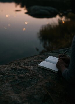 Person's hand holding a pen and writing in an open notebook. the notebook is resting on a large rock, overlooking a body of water.