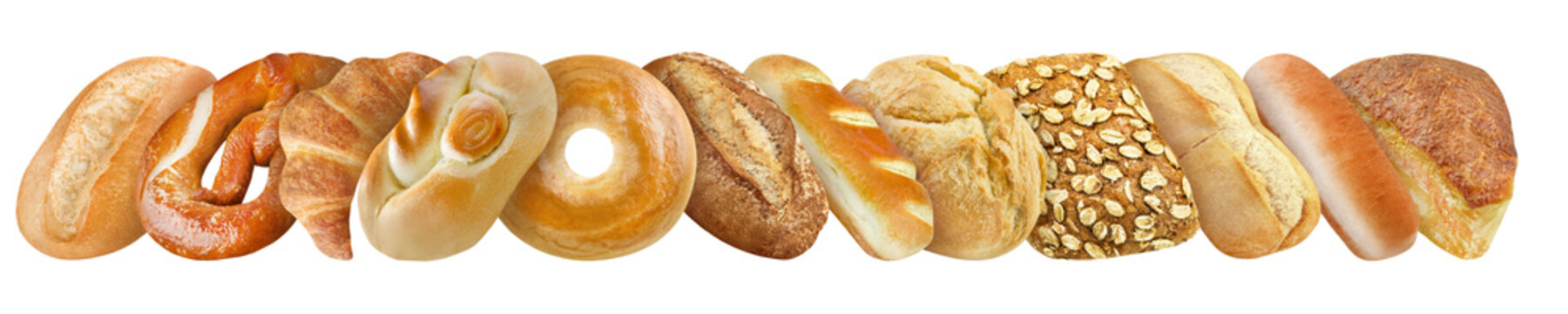 12 Sorten Br&ouml;tchen, Semmeln und Bretzel Hintergrund transparent PNG cut out