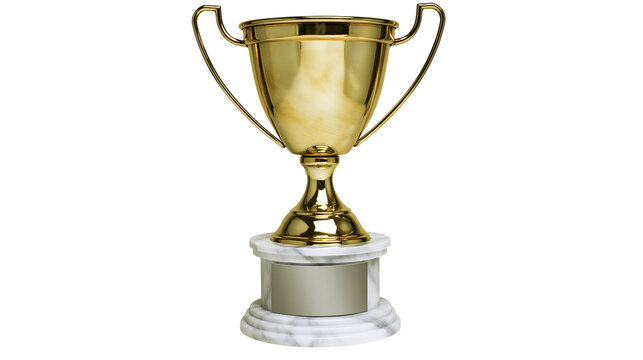 Golden trophy cup with marble base and silver plaque