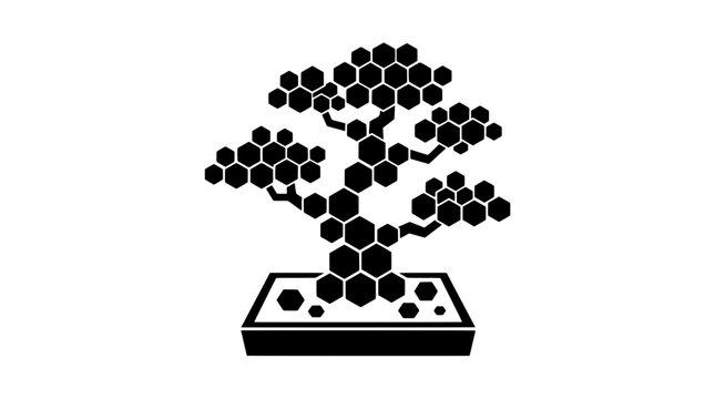 Minimalist geometric bonsai tree vector illustration. Honeycomb pattern foliage and abstract hexagonal structure in a rectangular pot perfect for branding, logos, t-shirts, posters, and web design.