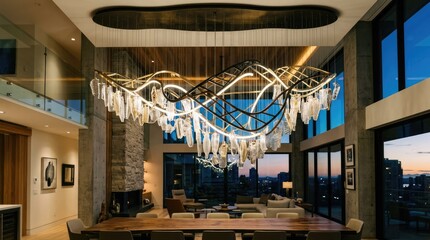 Fototapeta premium A modern, luxurious living room with a large, intricate chandelier hanging from the ceiling, featuring a combination of wood and metal elements. The room is illuminated .