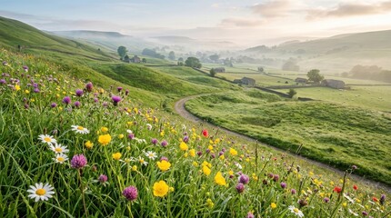Fototapeta premium Lush green rolling hills covered in vibrant wildflowers under a soft, misty sky, leading to a distant winding country path.