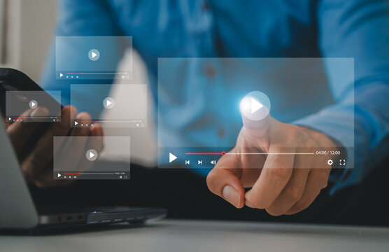 Modern concept live streaming and video content creation, business use technology laptop with multiple video play and live stream, digital media and online communication, social media marketing