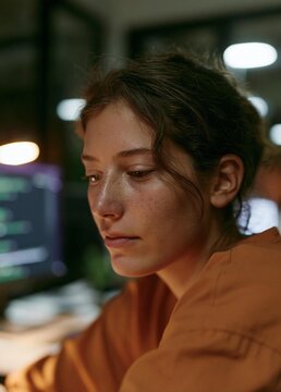 Close-up portrait of a young woman sitting in front of a computer monitor. she is wearing an orange prison jumpsuit and her hair is pulled back in a messy bun.