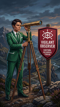 Man in green suit using telescope on mountain overlooking castle, symbolizing surveillance, observation, and strategic planning for security.