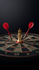 Fototapeta premium Golden king chess piece on a dartboard with red darts, symbolizing strategic victory, target achievement, and game competition