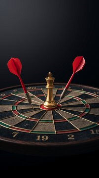 Golden king chess piece on a dartboard with red darts, symbolizing strategic victory, target achievement, and game competition