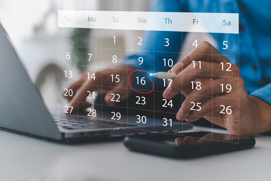 Calendar interface with marked date, hand pointing at schedule, planning productivity, deadline reminder, appointment booking and business workflow, smart organization tool, time management concept