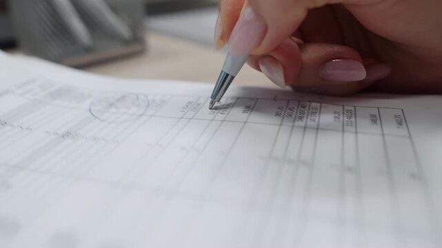 Woman holds white pen above corporate financial data paper. Neat pink fingernails frame sleek office writing instrument body beautifully
