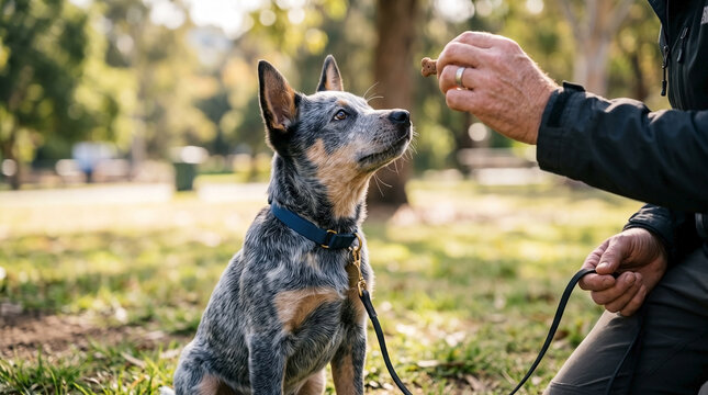 Young Australian Cattle Dog attentively focuses during dog training session outdoors, watching owner offer delicious treat. Positive reinforcement dog training helps puppy learn commands