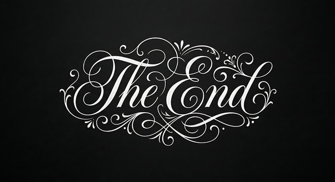 Elegant &ldquo;The End&rdquo; Calligraphy Typography with Decorative Flourishes on Dark Textured Background
