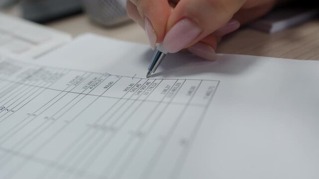 Female hand holds pen above white accounting document. Detailed financial spreadsheet shows columns with numbers and currency values