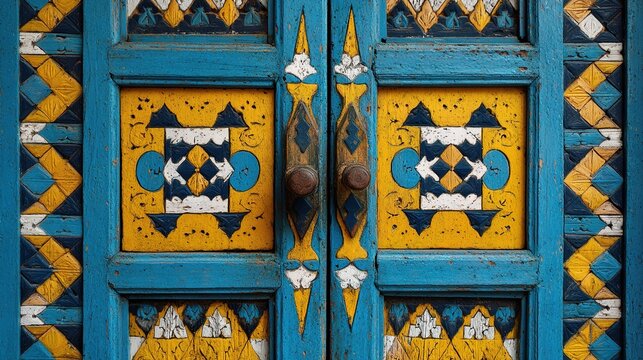 moroccan. A vibrant Moroccan door features intricate geometric patterns and bold colors in close-up. event programs, museum guides, designed for cultural heritage projects and event programs.