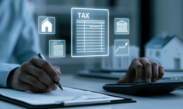Hands calculating finances with virtual tax documents and icons