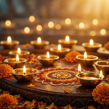 3D rendered festive background with traditional golden diya and warm bokeh lights