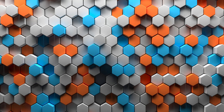 Colorful hexagonal honeycomb tiles pattern with blue orange and white cells for geometric wallpaper and poster design