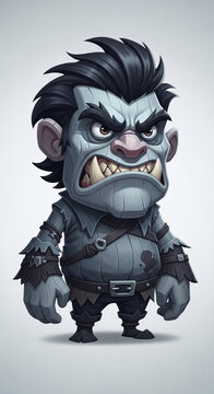 Stylized cartoon ogre character with grey skin, angry expression, and dark hair, representing fantasy and gaming