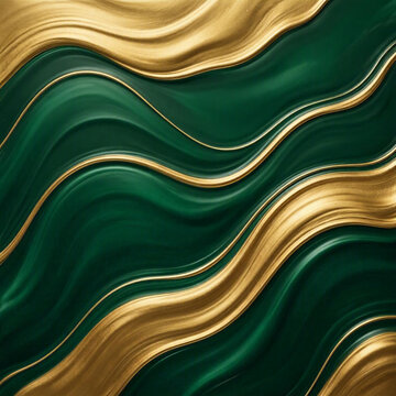 Abstract luxury fluid art background with deep emerald green and liquid gold silk waves