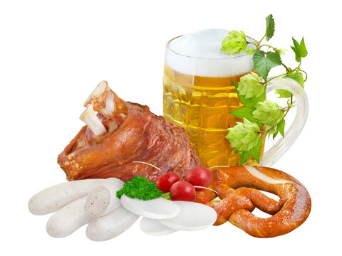 Bier, Schweinshaxe, Wei&szlig;wurst und Bretzel mit Rettich  Hintergrund transparent PNG cut out