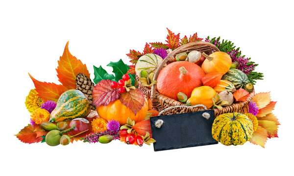 Bunte Dekoration im Herbst mit K&uuml;rbis, Label,  Blumen und Herbstlaub im Korb Hintergrund transparent PNG cut out