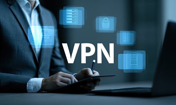 Secure digital privacy with VPN technology icons and a person at a desk