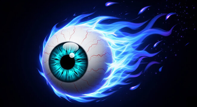 A flaming eyeball with blue flames trailing behind it, representing intensity, focus, and the power of sight in a dynamic, energetic display