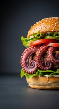 A gourmet burger featuring a succulent octopus tentacle as a unique filling, presented on a dark surface, symbolizing culinary adventure and seafood fusion