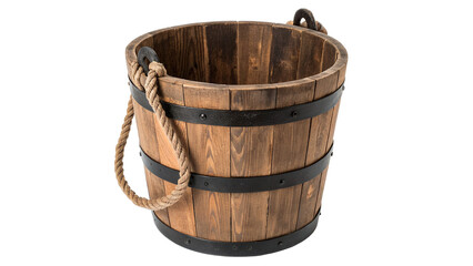 Traditional rustic wooden water bucket tub container household object item isolated on transparent background © Ivanka