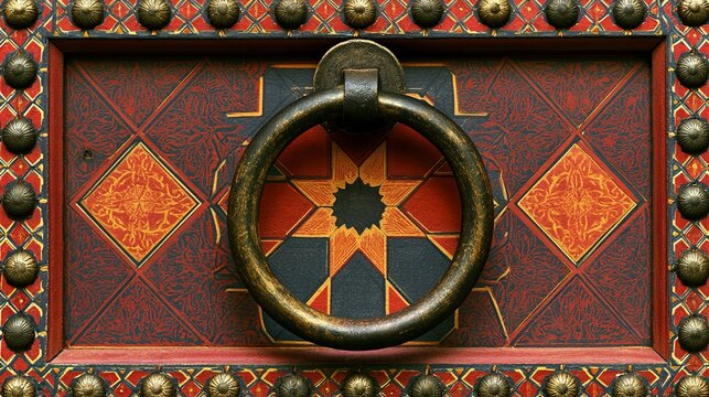 moroccan. A vibrant Moroccan door features intricate geometric patterns and bold colors in close-up. event programs, museum guides, designed for cultural heritage projects and event programs.