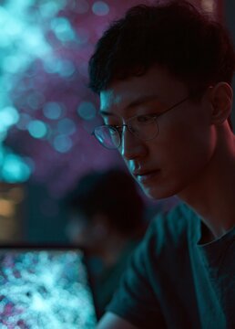 Close-up portrait of a young man wearing glasses. he is sitting in front of a computer monitor and appears to be focused on the screen.
