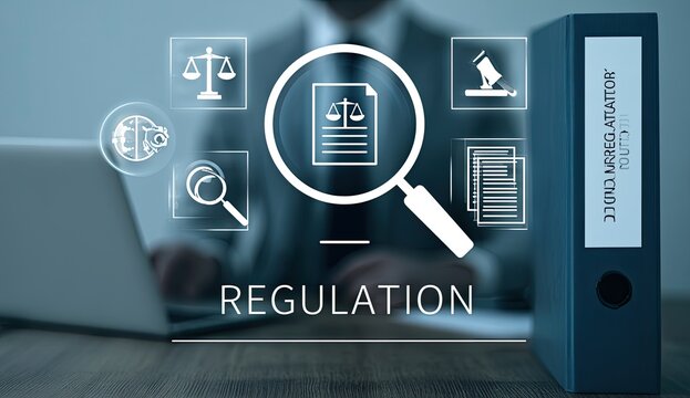 Person examining legal document under magnifying glass with icons signifying justice and compliance