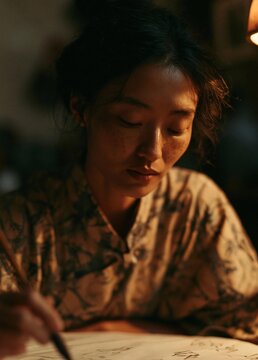 Close-up portrait of a young woman sitting at a table and writing on a piece of paper. she is holding a pen and appears to be focused on her work.