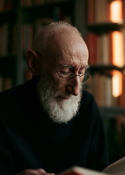 Portrait of an elderly man with a white beard and glasses. he is sitting in front of a bookshelf and is holding a book in his hands.