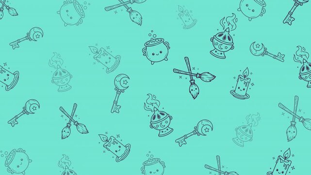 Cute witch essentials doodle pattern: cauldron, broom, candle, incense, key. Seamless loop, teal monochrome line art for witchy design. 