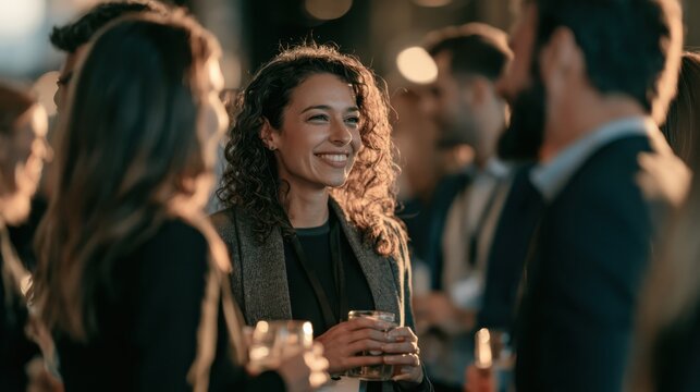 A diverse group of business professionals engaging in networking at an international conference, fostering connections and collaboration in a corporate environment.