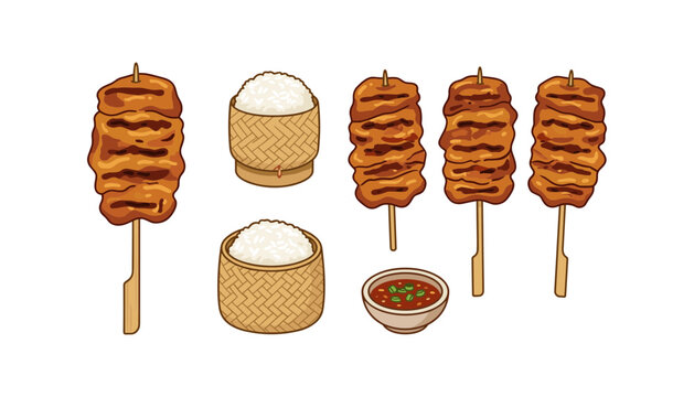 Traditional Thai grilled pork skewers vector illustration set featuring moo ping barbecued meat sticks sticky rice in bamboo baskets and spicy dipping sauce on white background