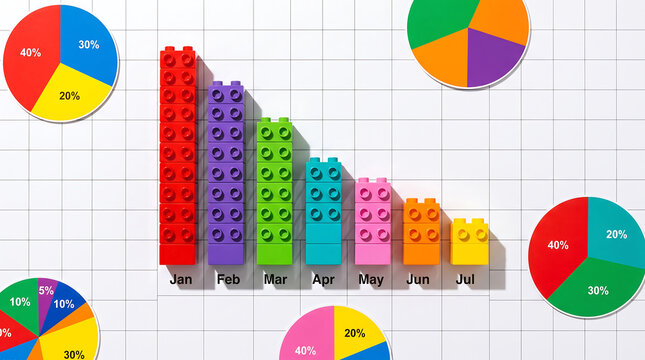 Colorful building blocks and pie charts displaying percentage data with month labels on a grid background for business analysis