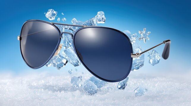 Aviator sunglasses with ice cubes and snow for cooling concept