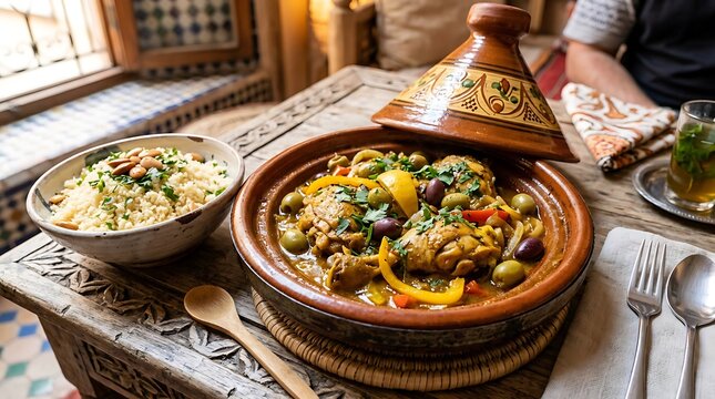 Traditional Moroccan Chicken Tagine with Green Olives and Preserved Lemon served with Side of Couscous